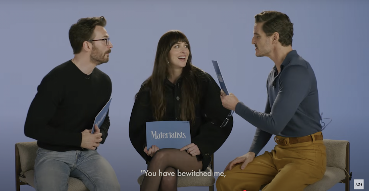 Pedro Pascal, Dakota Johnson, & Chris Evans In Hilarious Rom-Com Quiz Pedro Pascal, Dakota Johnson, & Chris Evans In Hilarious Rom-Com Quiz